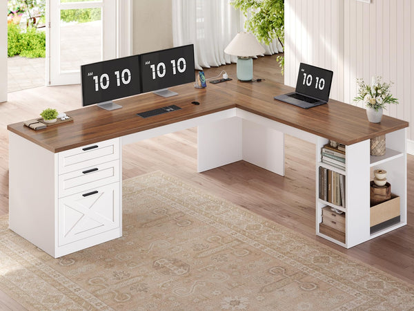 L-Shaped Desk with 3 Drawers, Storage Shelves & Power Outlets