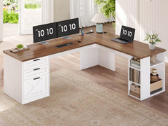 L-Shaped Desk with 3 Drawers, Storage Shelves & Power Outlets