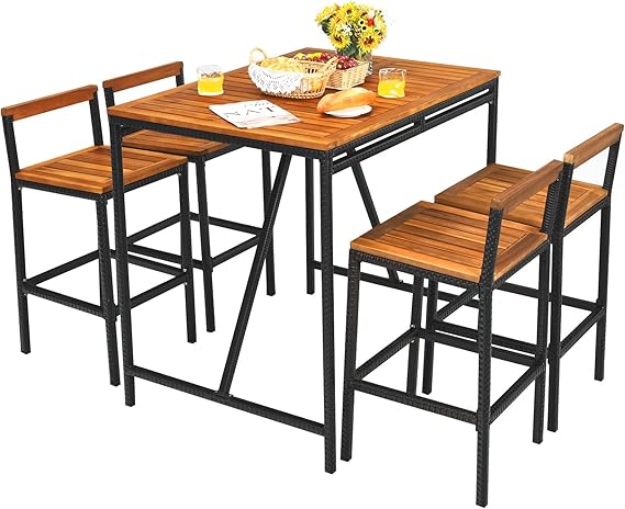 7-Piece Outdoor Acacia Wood Bar Set with 6 Bar Stools