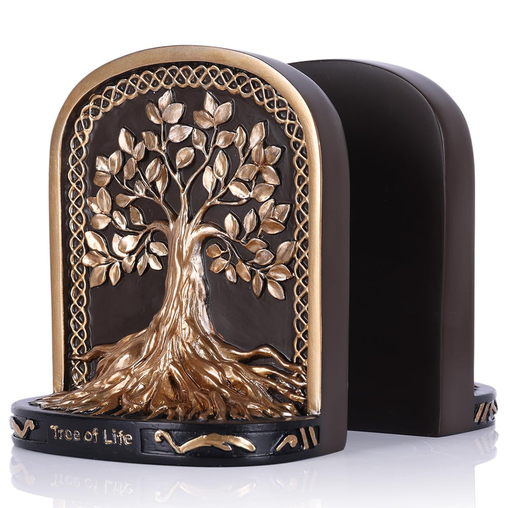Tree of Life Bookends, Black Gold 2 Non-Skid Heavy Decorative Bookends for Shelves Or Bookcase, Elegant Bookends for Library Office Decor, Home Décor Gift