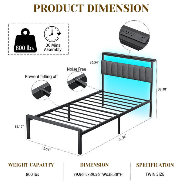 Twin Bed Frame with Headboard, LED Lights & Charging Station