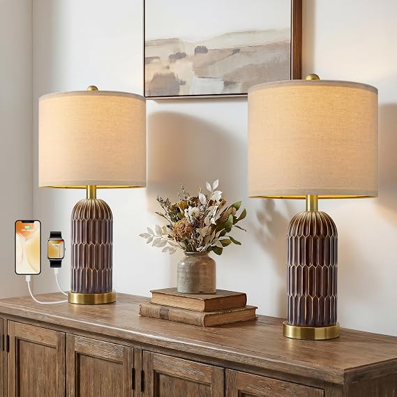 Farmhouse Bedside Table Lamps Set of 2 with USB Charging Ports