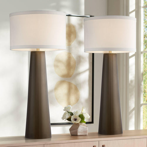 Mid-Century Modern Table Lamps Set of 2 – Dark Gold Glass, Off-White Shade, 36" Tall