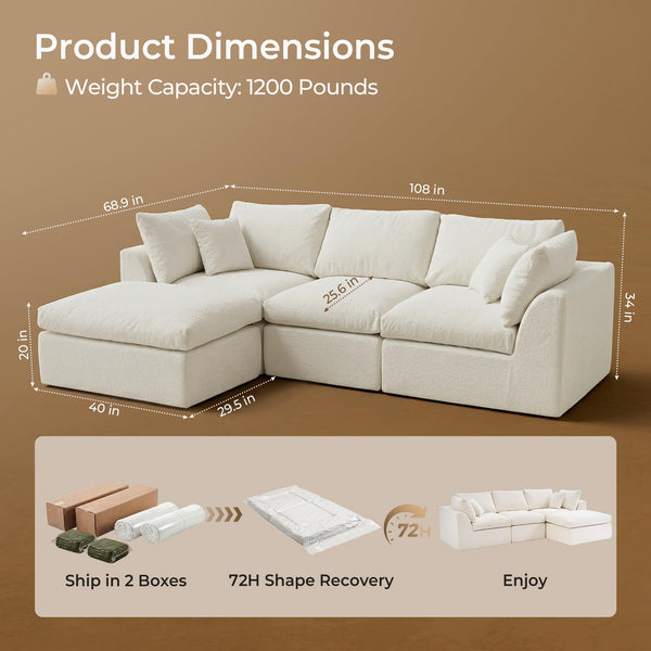 108" Cloud Modular Sectional Sofa with Washable Covers & Ottoman