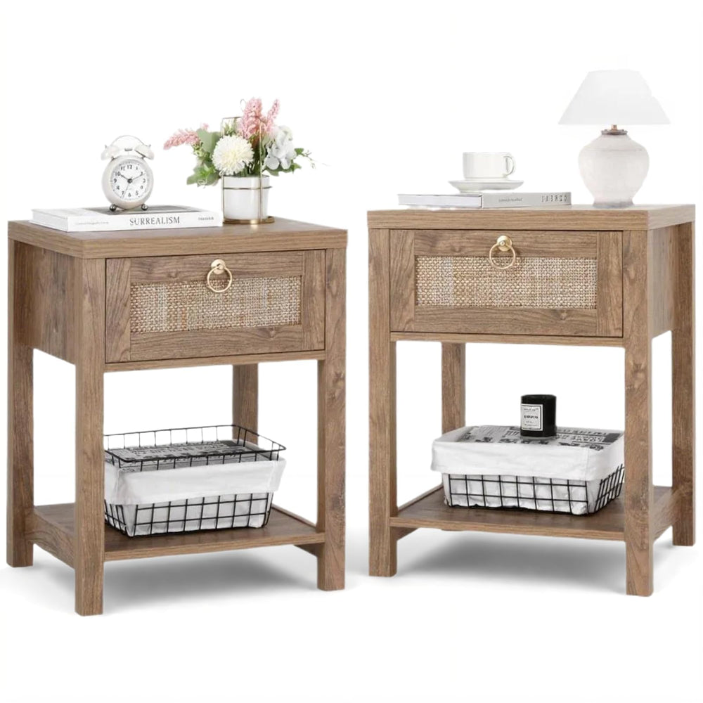 Rattan Farmhouse Nightstand Set of 2 with Drawer and Open Shelf