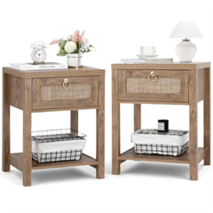 Rattan Farmhouse Nightstand Set of 2 with Drawer and Open Shelf