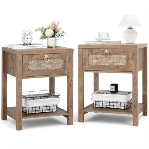 Rattan Farmhouse Nightstand Set of 2 with Drawer and Open Shelf