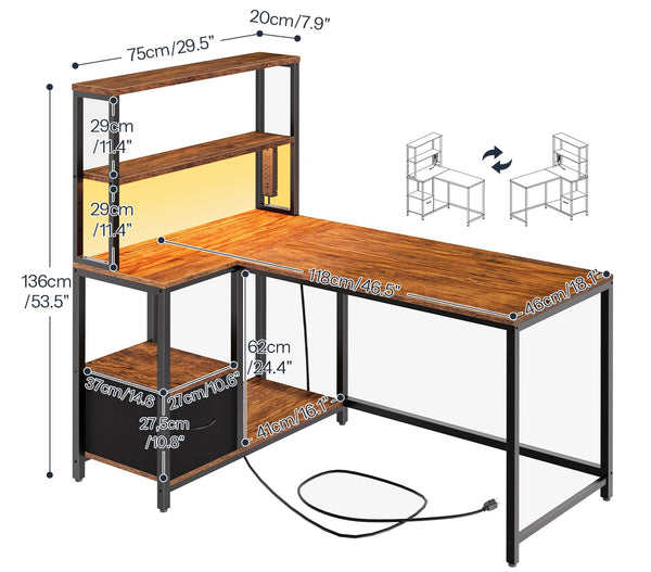L-Shaped Gaming Desk with LED Light, Power Outlet & Storage Shelves, 46"