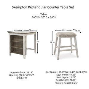 3-Piece Counter Height Dining Set with Cushioned Barstools — Whitewash Wood