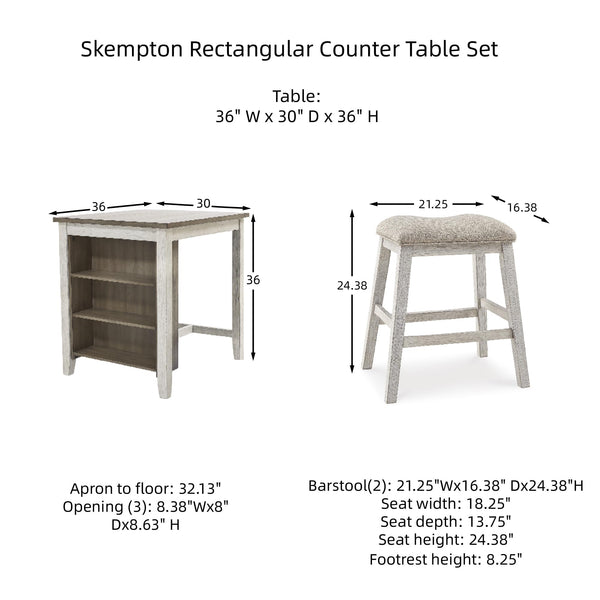 3-Piece Counter Height Dining Set with Cushioned Barstools — Whitewash Wood