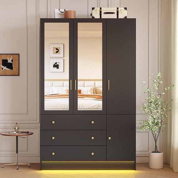 3-Door Armoire Wardrobe with LED Lights, Mirror & Drawers