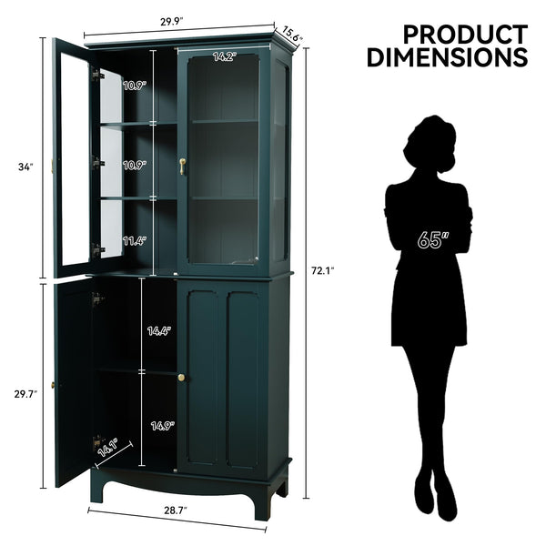 72" Freestanding Kitchen Pantry Cabinet with Glass Doors