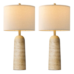 Travertine-Look Resin Table Lamp Set of 2 with Linen Shade