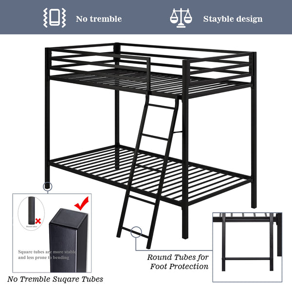 Twin Over Twin Metal Bunk Bed with Ladder and Guardrail
