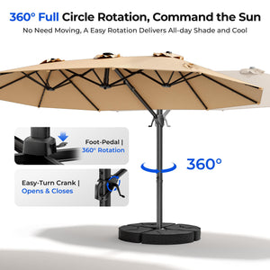 15FT Rectangular Cantilever Patio Umbrella with Solar LED Lights & Weighted Base