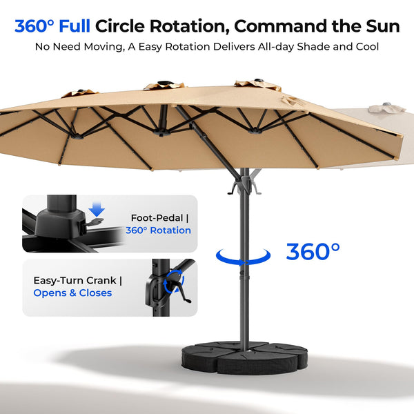 15FT Rectangular Cantilever Patio Umbrella with Solar LED Lights & Weighted Base