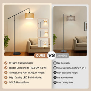 Dimmable Boho Floor Lamp with Rattan & Fabric Shades