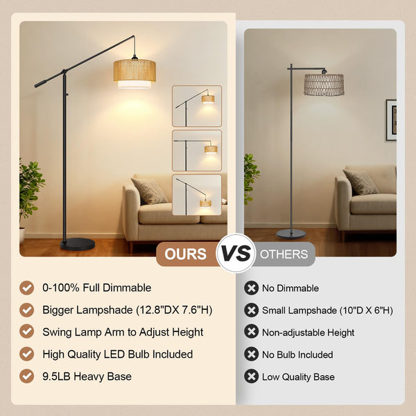 Dimmable Boho Floor Lamp with Rattan & Fabric Shades