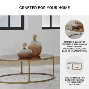 Oval Coffee Table – Tempered Glass Top, Faux Marble Finish, Antique Gold