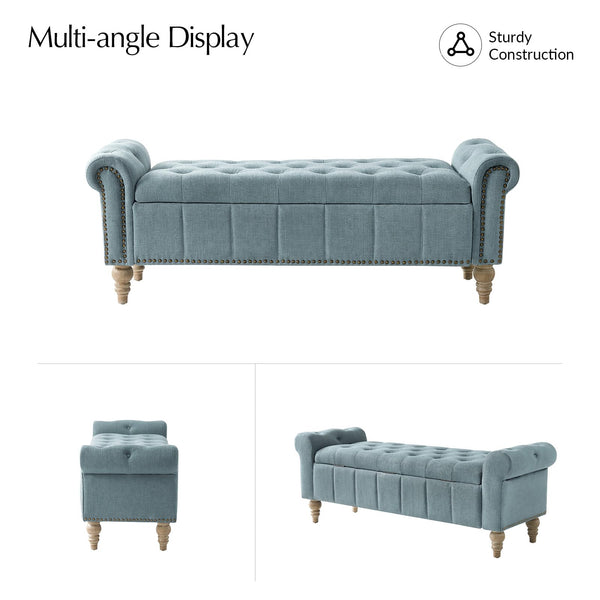 HULALA HOME Farmhouse Upholstered Storage Bench, End of Bed Bench with Vintage Button Tufted Design(Blue)