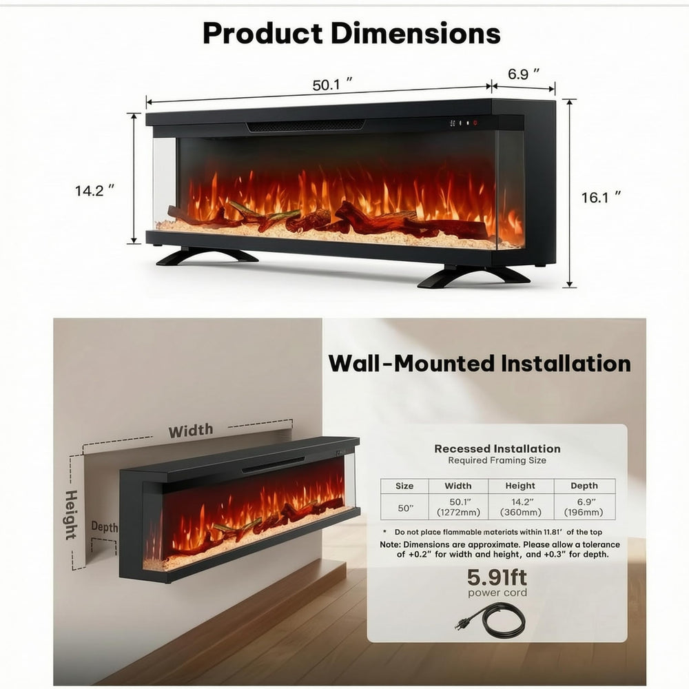 Triple-View Recessed Electric Fireplace Insert with Alexa & App Control