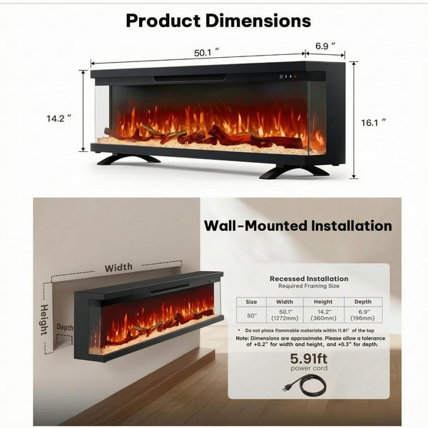 Triple-View Recessed Electric Fireplace Insert with Alexa & App Control