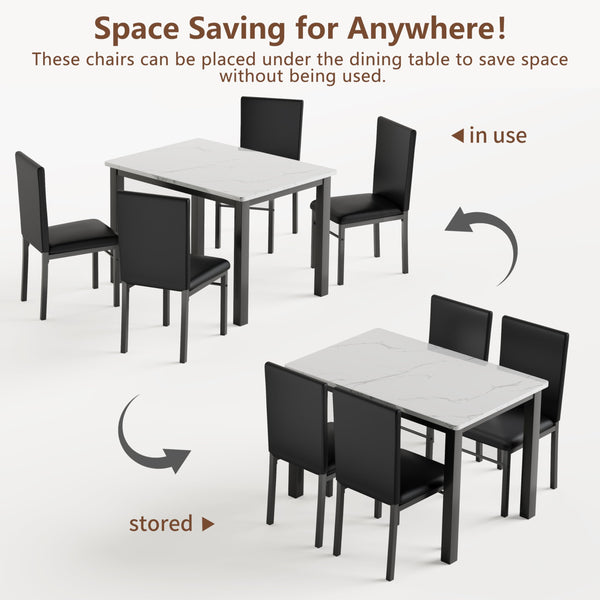 5-Piece Dining Table Set with Faux Marble Top & Metal Frame
