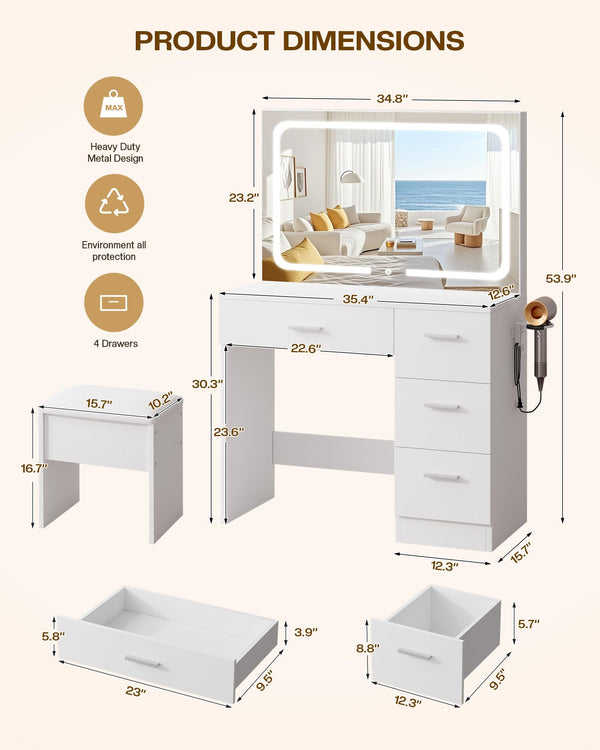 LED Makeup Vanity Desk with Charging Station & Mirror