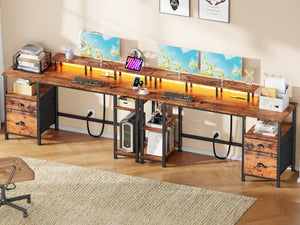 Gaming & Home Office Computer Desk with Power Outlets, LED Lights & Monitor Stand