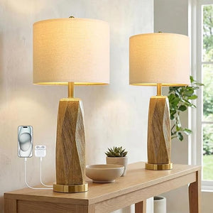 Wood Grain Resin Table Lamps Set of 2 with USB Charging Ports