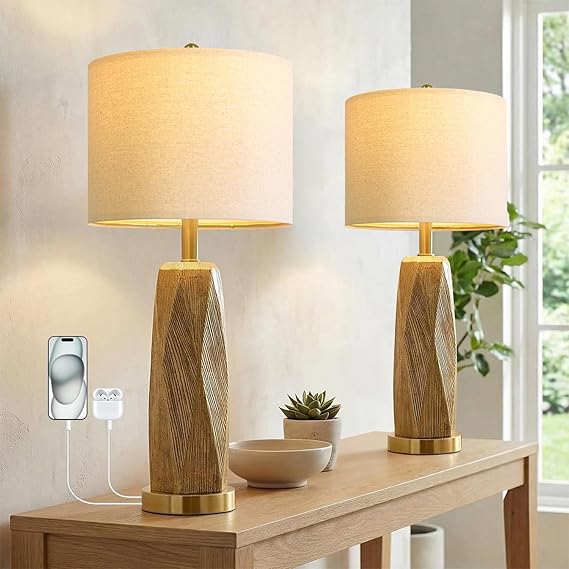 Wood Grain Resin Table Lamps Set of 2 with USB Charging Ports