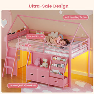 Kids Low Loft Bed Twin with Bookshelf & Reading Nook