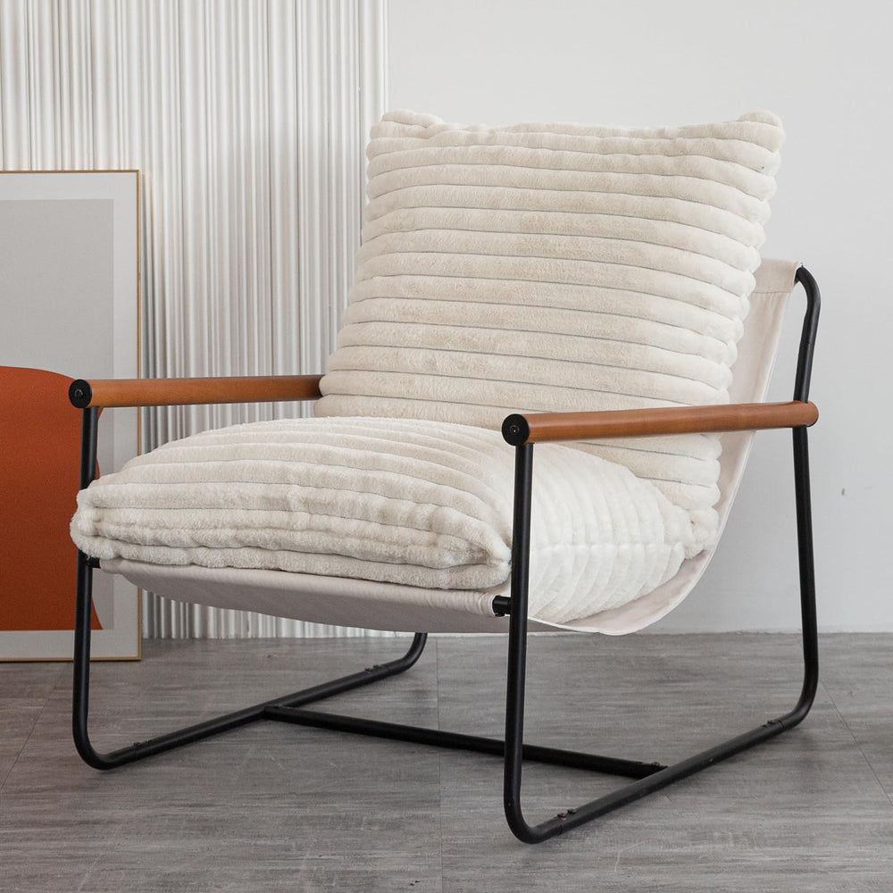 Fluffy Accent Chair with Wooden Arms & Metal Frame