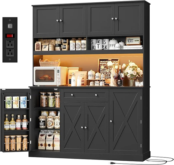 Tall Kitchen Pantry Cabinet with LED & Charging Station