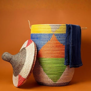 Colorful Wicker Basket with Hooded Lid & Rope Handles
