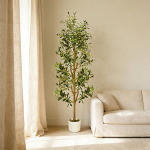 Faux Olive Tree – 6ft & 7ft Indoor Artificial Tree with Planter, Basket & Lights
