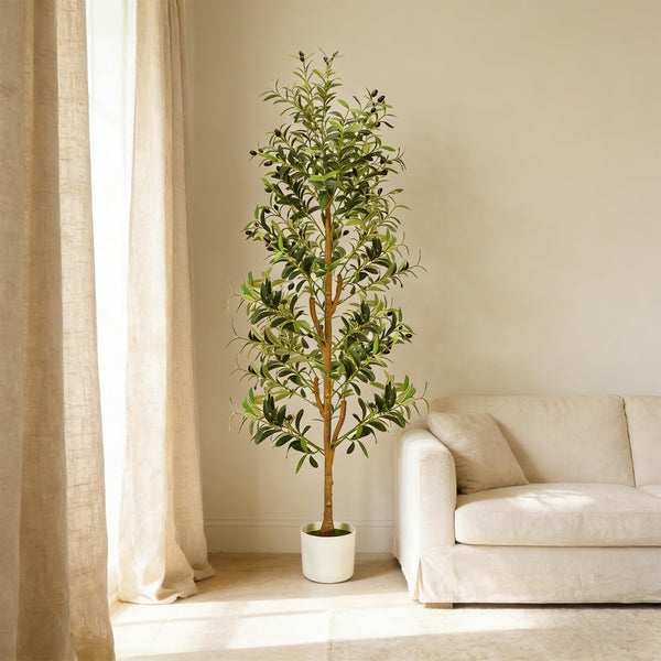 Faux Olive Tree – 6ft & 7ft Indoor Artificial Tree with Planter, Basket & Lights