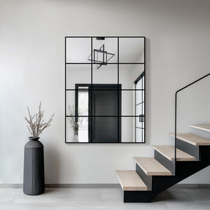 Windowpane Grid Wall Mirror – Black Metal Frame, Multi-Size