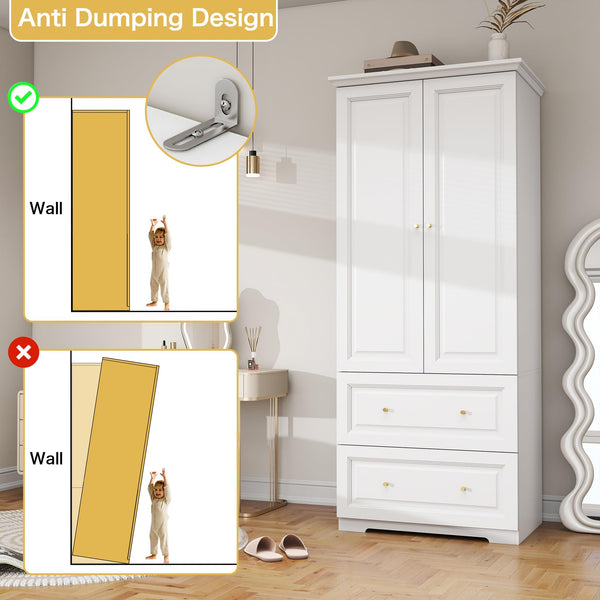 White Wardrobe Closet with 2 Drawers & Hanging Rod