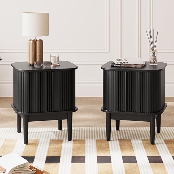 Fluted Nightstand with Sliding Doors, Set of 2