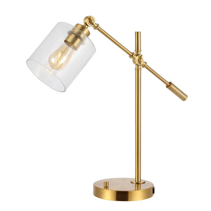 Adjustable Brass Gold Desk Lamp with USB Charging Port and Seeded Glass Shade