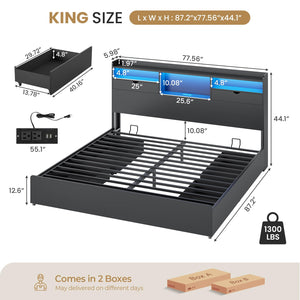 King Bed Frame with Storage Drawers, LED Lights & Charging Station