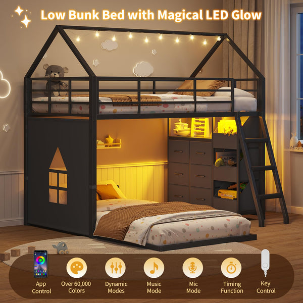 Twin Over Twin House Bunk Bed with LED Lights, Storage Drawers & Safety Guardrail