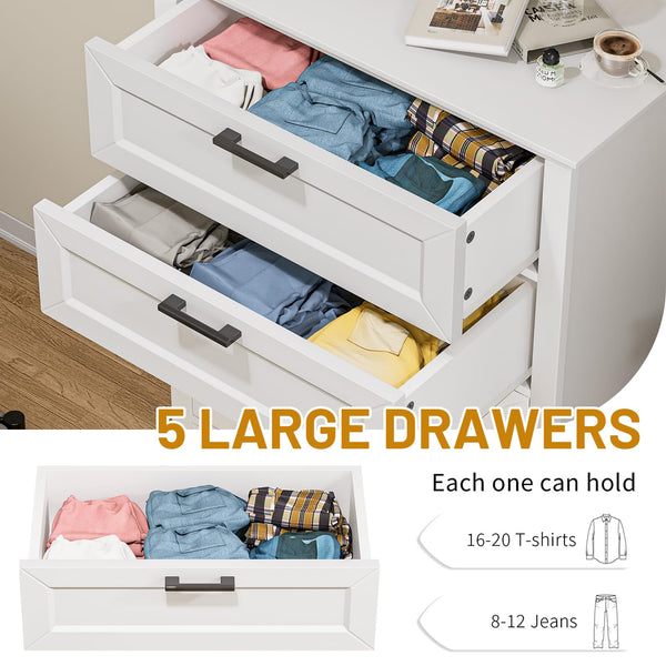 White 5-Drawer Dresser with Black Handles