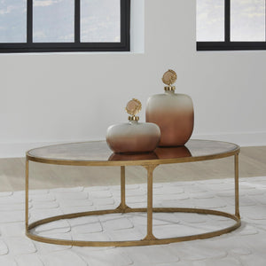 Oval Coffee Table – Tempered Glass Top, Faux Marble Finish, Antique Gold