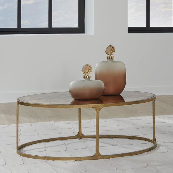 Oval Coffee Table – Tempered Glass Top, Faux Marble Finish, Antique Gold