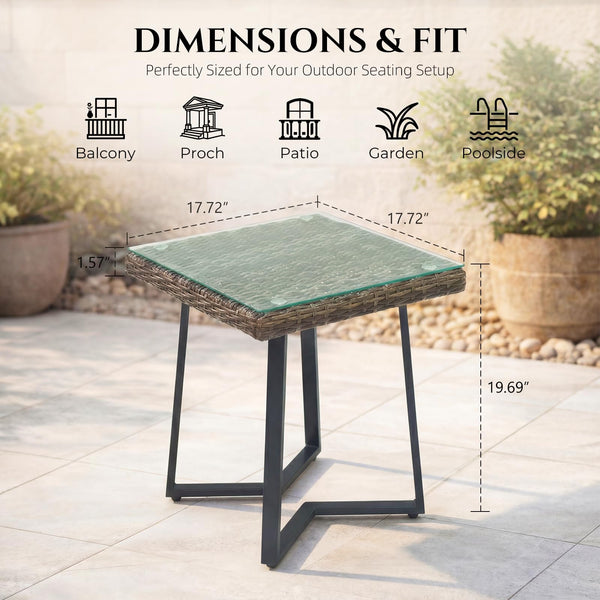 Outdoor Rattan Side Table with Tempered Glass Top