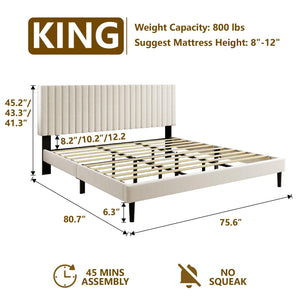 King Size Velvet Upholstered Platform Bed Frame