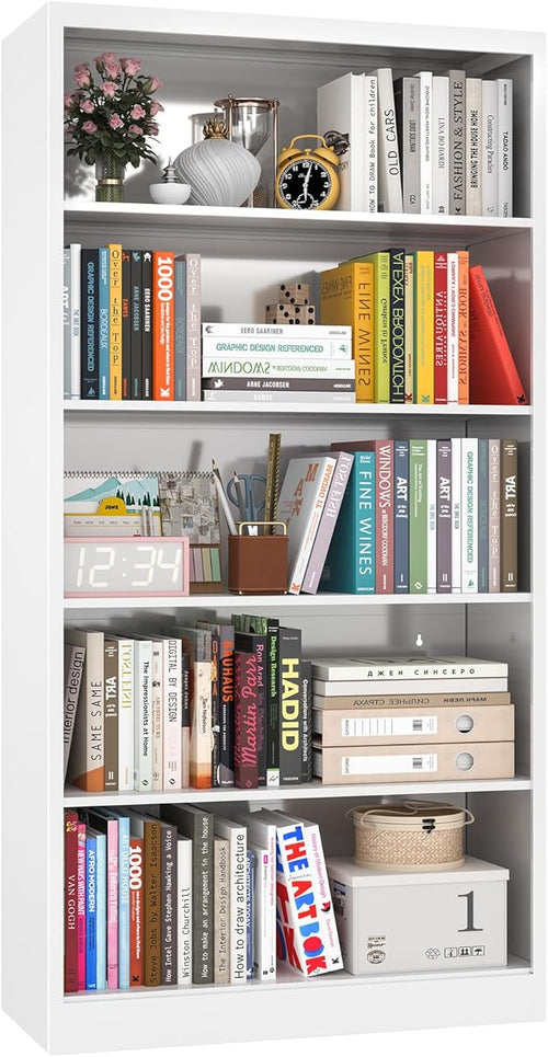 5-Tier Tall Metal Bookcase with Adjustable Shelves