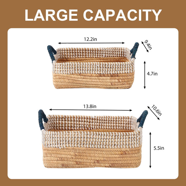 Seagrass Storage Basket Set of 4 – 2 Round & 2 Square Woven Bins with Handles